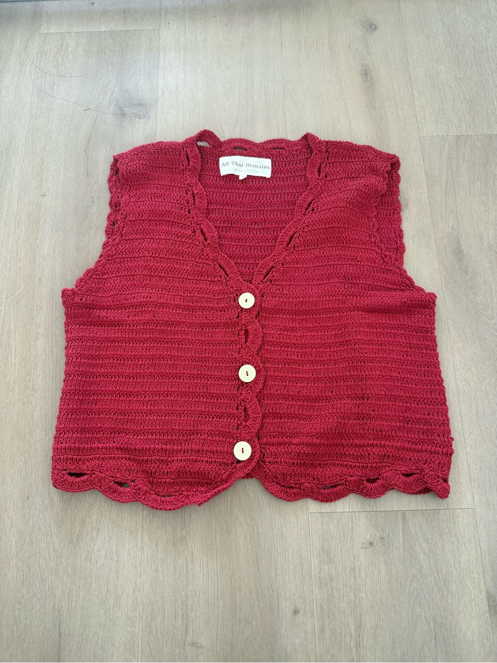 All That Remains Red Crochet Button-Front Sweater Vest